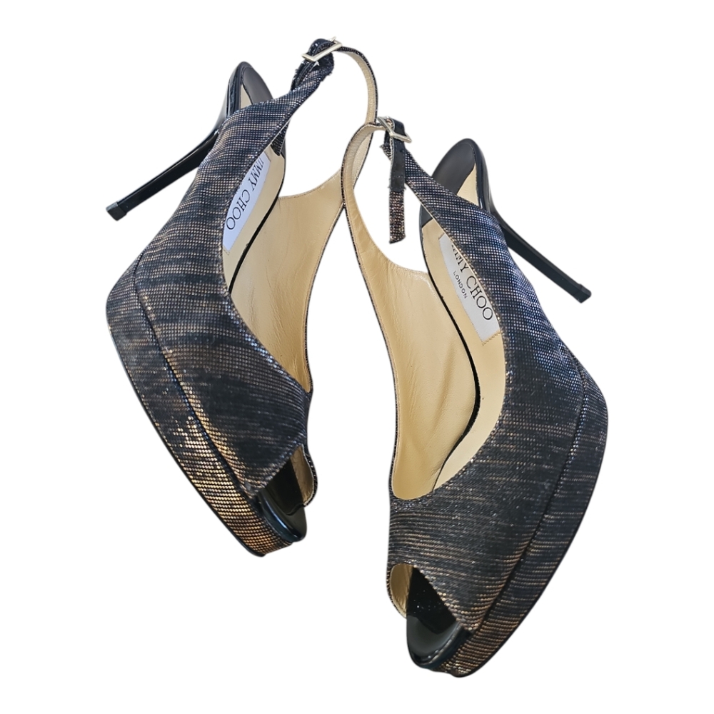 Jimmy Choo Nova 100 Copper Metallic Fabric Peep Toe Ankle Strap Heels EU 37